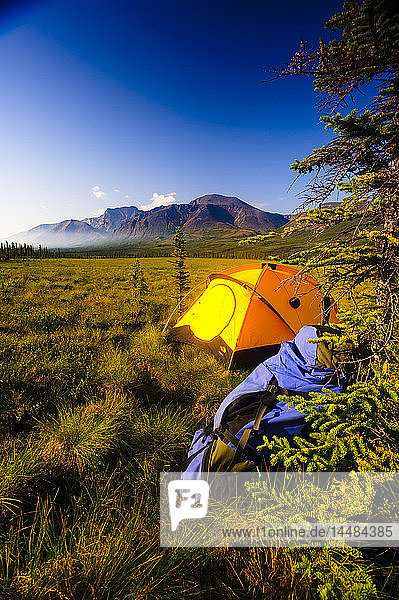 Tent campsite with view of Skookum Volcano  Wrangell Saint Elias National Park  Southcentral Alaska  Summer