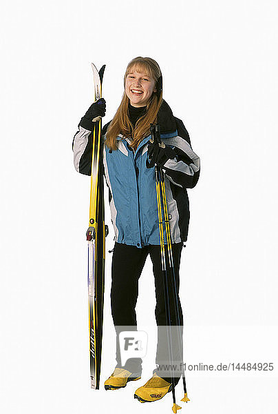 Frau mit Skilanglaufausrüstung