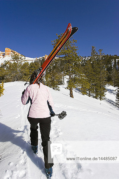 Junge Frau geht im Tiefschnee und trägt Skier beim Abfahrtslauf Dixie National Forest Utah Winter