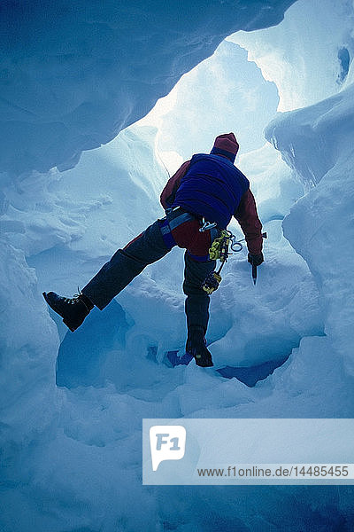 Ice Climber in Crevasse Ruth Glacier Denali NP IN AK