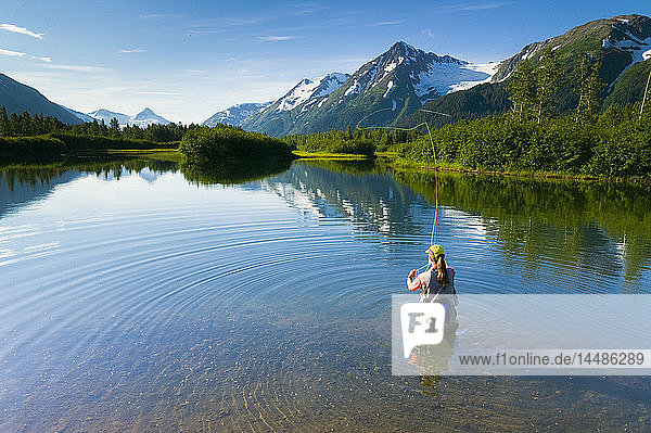 Angler flyfishing for Rainbow Trout in Portage Valley in early morning  Southcentral Alaska