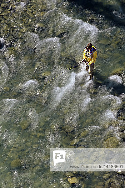 Man Fly Fishing on Canyon Creek Kenai Peninsula Alaska