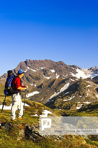 A man backpacking near Hatcher Pass in the Talkeetna Mountains with Bald Mountain Ridge in the background  Southcentral Alaska  Summer