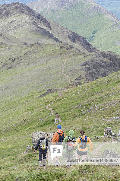 Four people hiking down the Wolverine Peak trail  Prospect Heights Trailhead area  Chugach Mountains  late summer  Southcentral  Alaska
