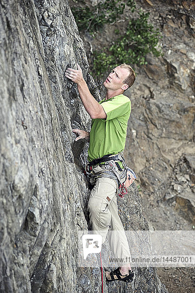 Man rock climbing along Turnagain Arm near Anchorage  Southcentral Alaska  Summer