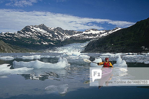 Kayaker in Shoup Bay Amongst Icebergs Prince William Sound Alaska Summer