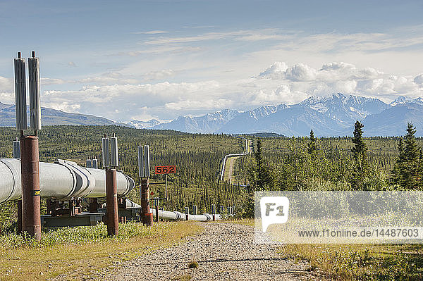 Trans-Alaska Pipeline (Alyeska pipleline) running through landscape with Mountain range in the distance near Delta Junction  Interior Alaska.