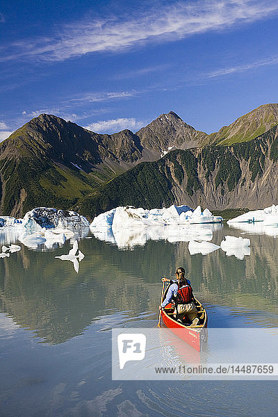 Eine Kanufahrerin paddelt zwischen den Eisbergen im Bear Glacier Lake in der Nähe des Bear Glacier  Kenai Fjords National Park  Kenai Peninsula  Southcentral Alaska  Sommer