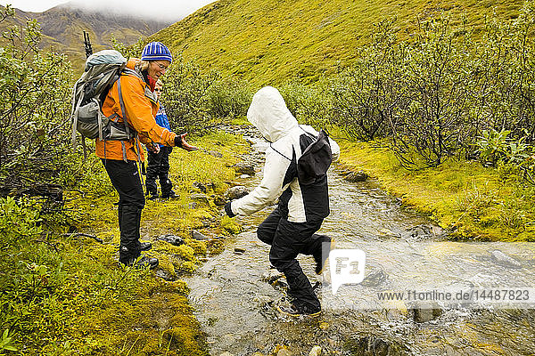 Wanderführerin hilft einem jungen Wanderer bei der Überquerung eines Baches an einem regnerischen Tag in der Nähe des Highway Pass  Denali National Park  Alaska Range  Interior Alaska  Sommer/n