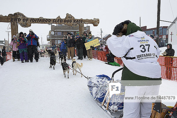 Christine Roalofs runs into the chute and across the finish line to finish in last place and is the winner of the Red Lantern Award on Front Street in Nome  2013 Iditarod  Arctic Alaska