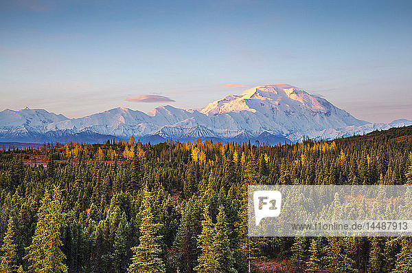 Frühmorgendliche Aufnahme der Nordwand des Mt. McKinley (Denali) vom Wonder Lake aus mit Alpenglühen auf dem oberen Berg im Denali National Park  Interior Alaska. Herbst. HDR
