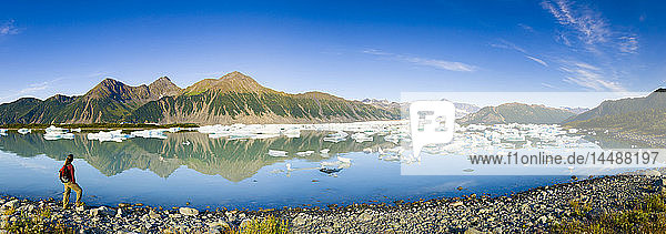 Panorama einer Wanderin  die eine Pause einlegt  um den Bear Glacier vom Ufer des Bear Glacier Lake im Kenai Fjords National Park  Kenai Peninsula  Southcentral Alaska  Sommer  zu betrachten