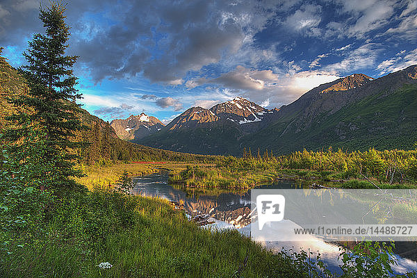 Scenic view of Eagle River Valley and Chugach Mountains at sunset  Southcentral Alaska  HDR