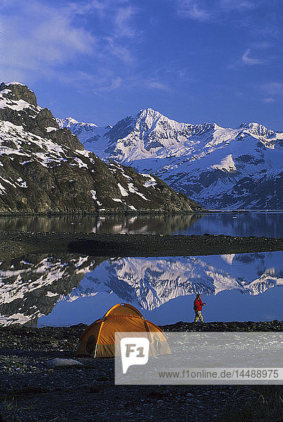 Zelt & Person Tarr Inlet West Arm Südost Alaska Sommerlandschaft mit & ohne Zelt