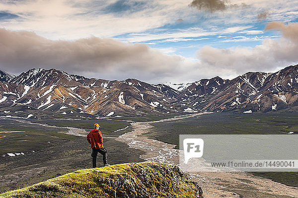Ein Mann steht auf einer Klippe am Polychome Pass mit den Plains of Murie und der Alaska Range im Hintergrund  Denali National Park  Interior Alaska