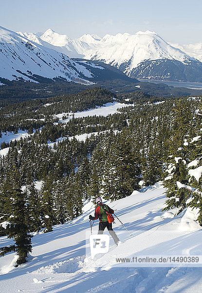 Woman skis downhill on Tincan Ridge in the Turnagain Pass area of Southcentral Alaska during Winter