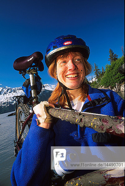 Portrait of Woman Mountain Biker w/Bike SC Alaska