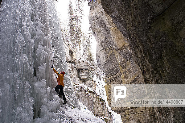 Eine Bergsteigerin erkundet das Eisklettern in den Engstellen des Maligne Canyon im Jasper National Park  Alberta  Kanada