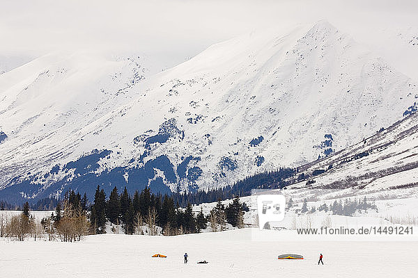 Kite skiiers in Turnagain Pass west of the Seward Highway  Kenai Peninsula  Southcentral Alaska