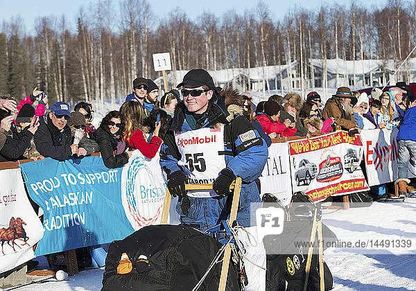 Elliot Anderson heads down the chute during the restart of the 2014 Iditarod  Willow  Southcentral Alaska