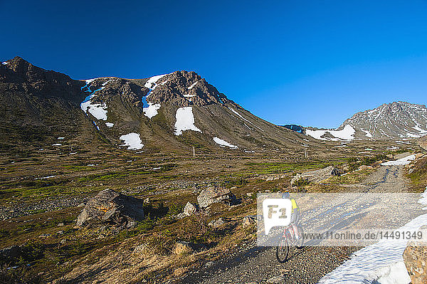 Ein Mann fährt an einem sonnigen Sommertag im Powerline Pass Valley im Chugach State Park in Southcentral Alaska mit dem Fahrrad.