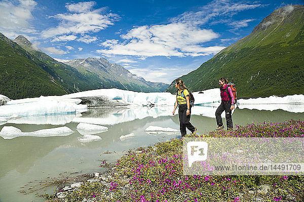 Hikers walk along Valdez Glacier Lake with icebergs in the background  Southcentral Alaska during Summer
