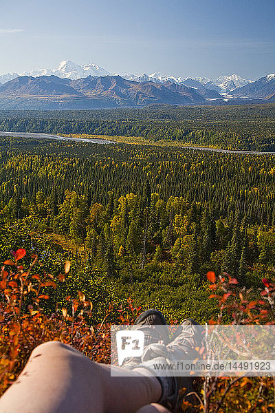 Herbstlandschaft mit den Beinen von Wanderern und der Südseite des Mt. Mckinley und der Alaska Range entlang des Little Coal Creek Trail  Southcentral  Alaska