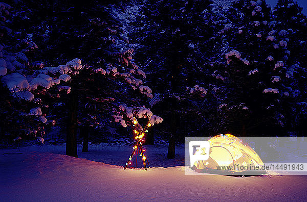 Wintercamping im beleuchteten Zelt mit Weihnachtsbeleuchtung Colorado
