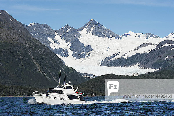 Cabin cruiser in Prince William Sound near Billings Glacier  Southcentral Alaska