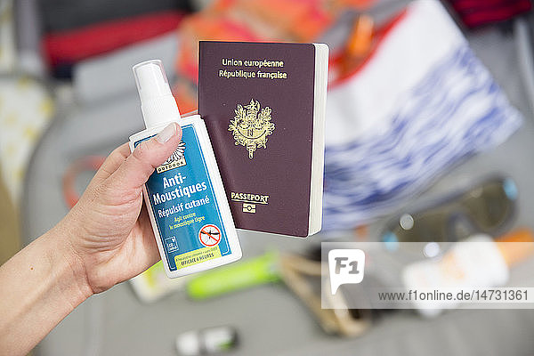 Insect repellent and passport.