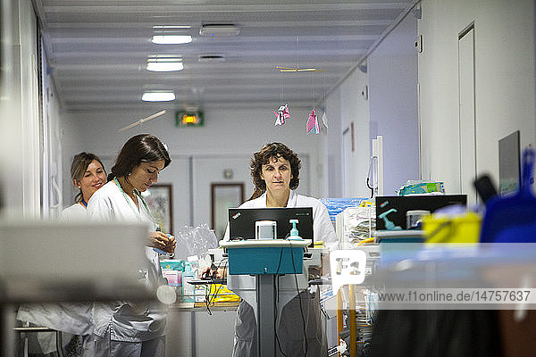 Reportage in the pediatric unit in a hospital in Haute-Savoie  France. A doctor and junior doctor during the morning round.