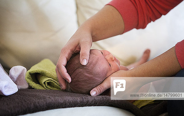 Reportage über eine unabhängige Hebamme bei Hausbesuchen nach der Geburt. Die Hebamme kontrolliert die Fontanelle des Babys.