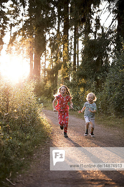 Kinder rennen durch den Wald