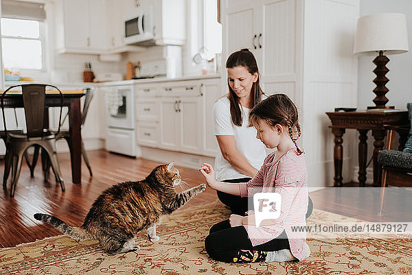Mother watching daughter play with cat at home