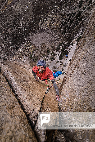 Climber trad climbing  Pine Creek  Bishop  California  USA