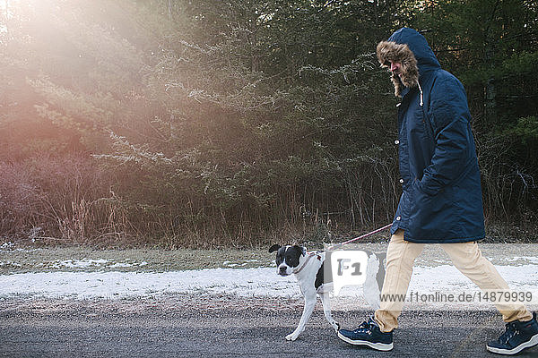 Mann geht mit Hund auf dem Land spazieren