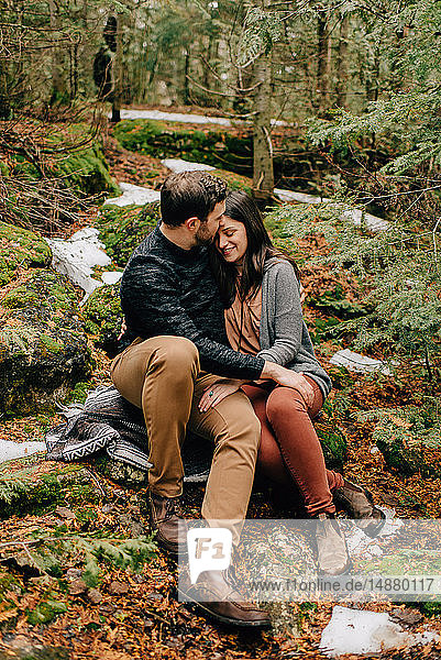 Couple hugging in forest  Tobermory  Canada