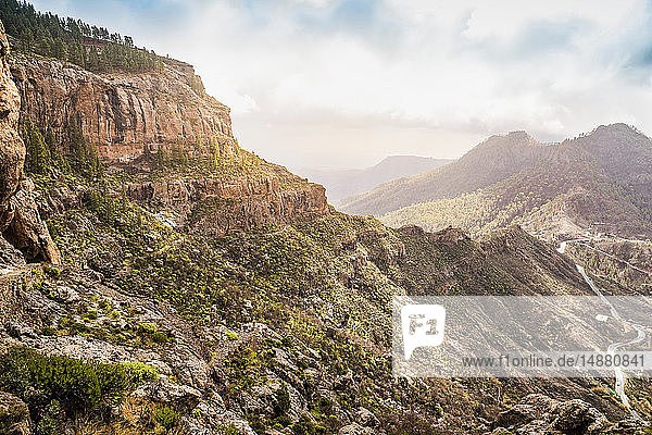 Mountainous landscape with rural road  high angle view  San Bartolome de Tirajana  Canary Islands  Spain