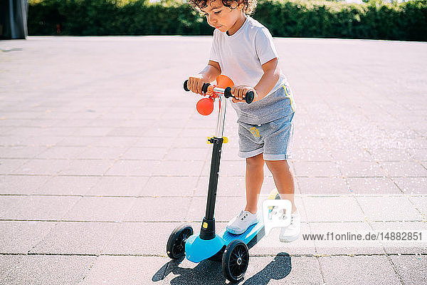 Toddler riding push scooter in park