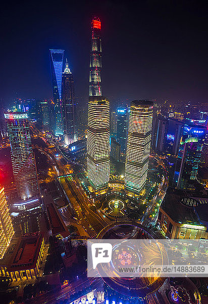 Pudong skyline with Shanghai Tower  Shanghai World Financial Centre and IFC at night  high angle view  Shanghai  China