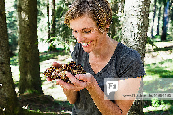 Woman with handful of pine cones in forest  Sonthofen  Bayern  Germany