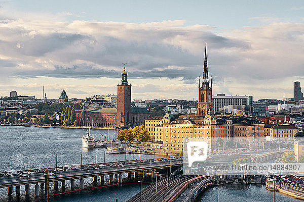 Bridges  railway tracks  church tower  cityscape and water canal  Stockholm  Sweden
