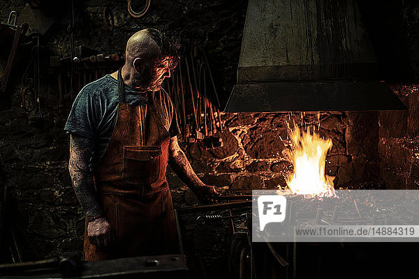 Ein reifer männlicher Schmied erhitzt Metall auf offenem Feuer in einer Werkstatt