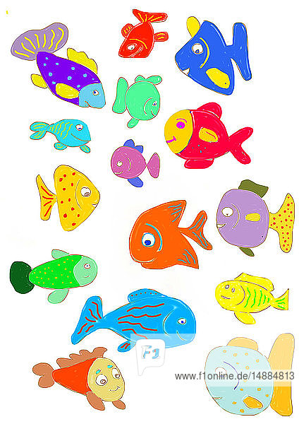 Kinderbild mit verschiedenen bunten Fischen