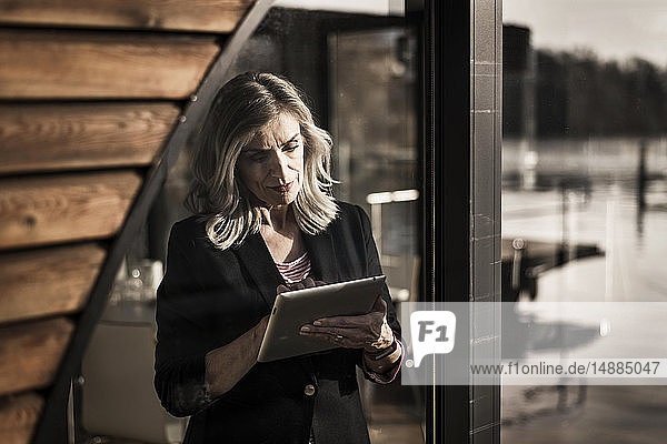 Businesswoman standing on a houseboat  using digital tabet