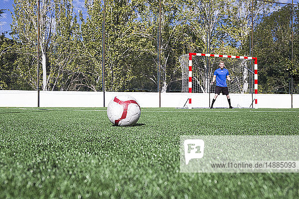 Fussball auf Rasen mit Torhüter im Hintergrund