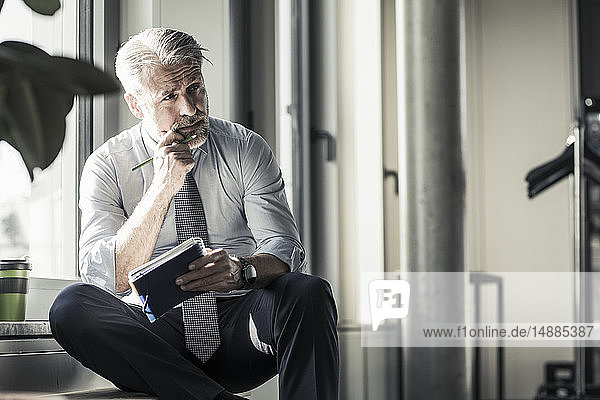 Reifer Geschäftsmann am Fenster sitzend mit Notebook