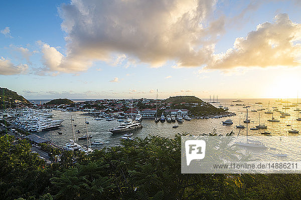 Karibik  Kleine Antillen  St. Barthelemy  Gustavia  Hafen mit Luxusyachten bei Sonnenuntergang
