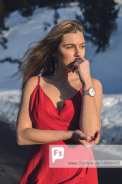 Porträt einer jungen Frau  die im Winter ein rotes Sommerkleid trägt
