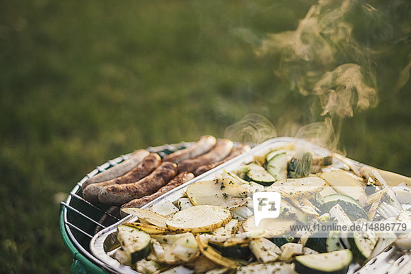 Barbecueing sausages and vegetables on a meadow